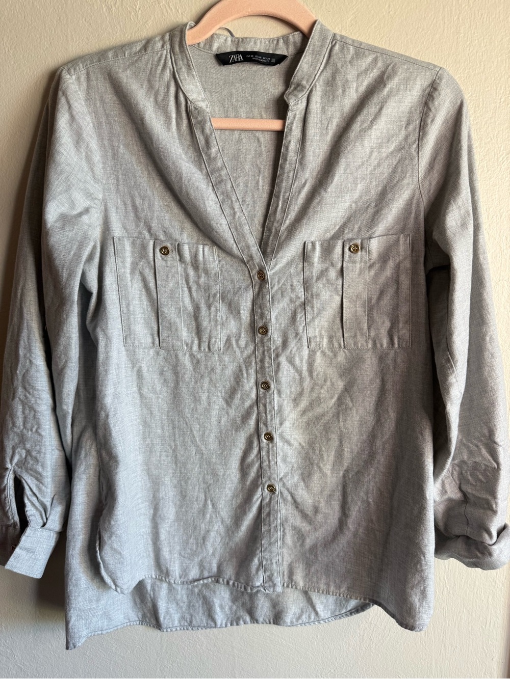ZARA Women’s XS Gray Chambray Utility Button Down Shirt Pocket Blouse
